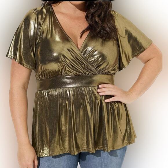 4X-TORRID Women’s Liquid Shine Surplice Split Sleeve Peplum Top, Gold, Size 4X - Picture 1 of 12